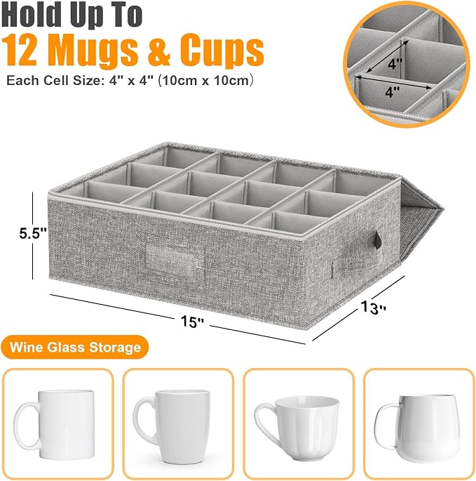 Kukikan Coffee Mug Storage Box 2 Pack with Dividers, China Storage Containers Organizer for Moving, Hard Shell & Stackable for 24 Coffee Tea Cups 5.5" Tall with Sturdy Lid & Handles, Grey