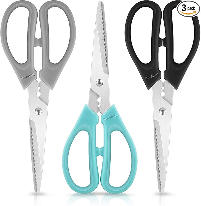 iBayam 3-Color Stainless Steel Dishwasher Safe Kitchen Shears Food Scissors | 8 Inch Utility Cooking Scissors for Women Men with Small Hands for Herbs Chicken Meat Poultry Fish BBQ