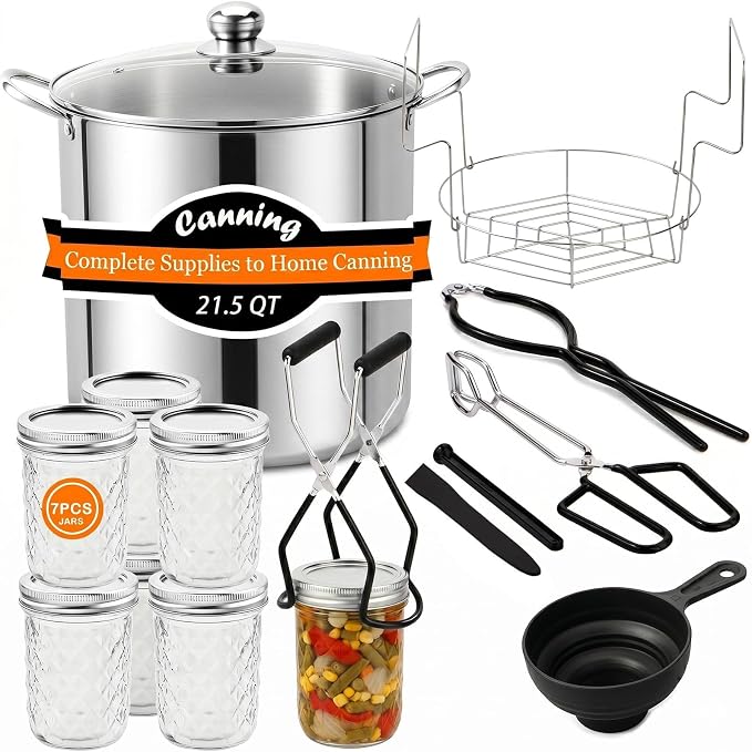 Canning Supplies Kits with 21.5 Qt Canning Pot, 7pcs Mason Jars, Tongs, Stainless Steel Jar Rack, Funnel, Lid Lifter Water Bath Canner Tool Set