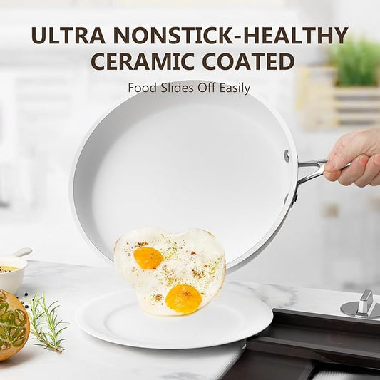 COOKSMARK Nonstick Ceramic Cookware Set, Induction & Dishwasher Safe Scratch-Resistant Pots and Pans Set with Glass Lids 10 Pieces, White