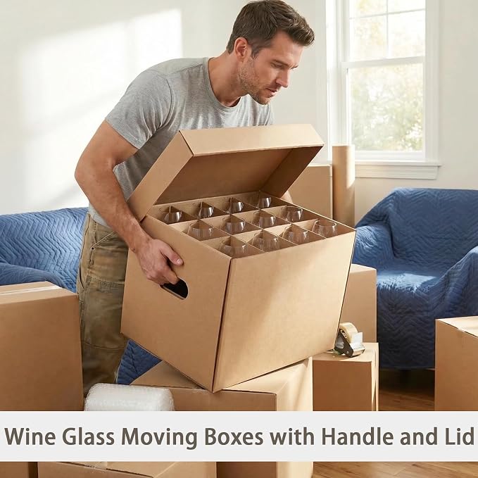 Unarty 4 Pack Wine Glass Moving Boxes with Handle, Kitchen Moving Boxes with Dividers and Lid for Dish Glassware 15 x 12 x 10 Inches