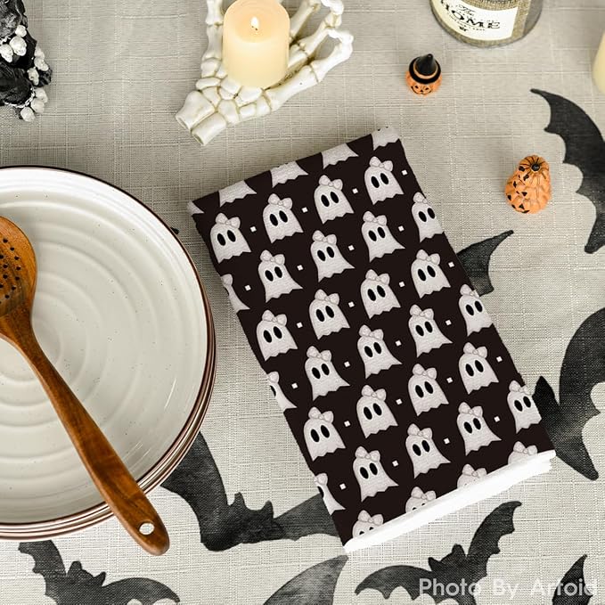 Artoid Mode Black Ghost Halloween Kitchen Towels Set of 2 18x26 Inch | Spooky Bow Knot Hand & Dish Towels,Ultra Absorbent,Seasonal Farmhouse Decoration
