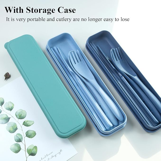 DISSKNIC Green Travel Utensils with Case, Reusable Utensil Sets for Lunch Box, Chopsticks Reusable Plastic Utensils Lunch Box Accessories for Adults,Portable Utensils Set with Case,Camping Accessories