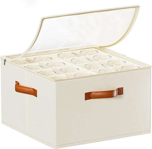Foyego Wine Glass Storage Box, Beige | 16 Adjustable Dividers, Hard Shell, Stackable China Storage Containers Holds Stemware, Glassware, Crystal for Packing&Moving