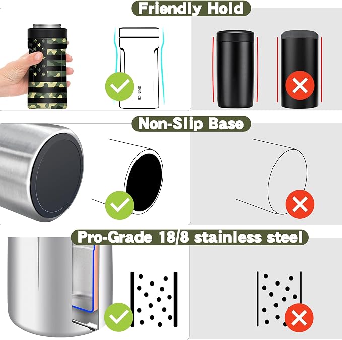 Universal Can Cooler - Signice 3 in 1 Insulated 12 oz Beer Can Insulator Stainless Steel Metal Holder for 12oz Slim Skinny Tall Standard Cans Bottle Hard Seltzer Soda Energy Drinks (Camouflage Flag)