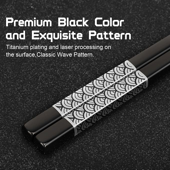 Metal Chopsticks Reusable 2 Pairs Titanium Plated Stainless Steel18/8 Chopsticks with Holder, Dishwasher Safe Lightweight Japanese Style Chopsticks Gift Set(Black)