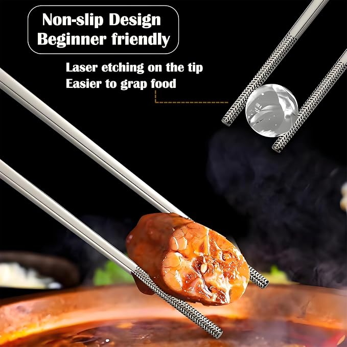 Metal Chopsticks Reusable,Stainless Steel,Dishwasher Safe,5 Pairs,Silvery | Gift Box Set,Square,Lightweight, Non-Slip,Laser Engraved Patterns No fade
