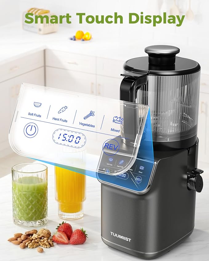 TUUMIIST 3-in-1 Cold Press Juicer Machine, Smart Touch Masticating Juicers for Whole Fruit & Vegetable, 6.5" Wide Chute Slow Juicer for Nut Milk & Sorbet, High Yield, Easy Clean (Gun Grey)