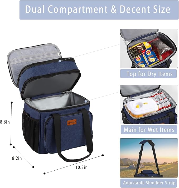 Expandable Lunch Box Cooler Bag - Insulated Soft Lunch Bag for Men Women - Large Lunchbox for Adults Work Camping Outdoor Travel Blue 16L