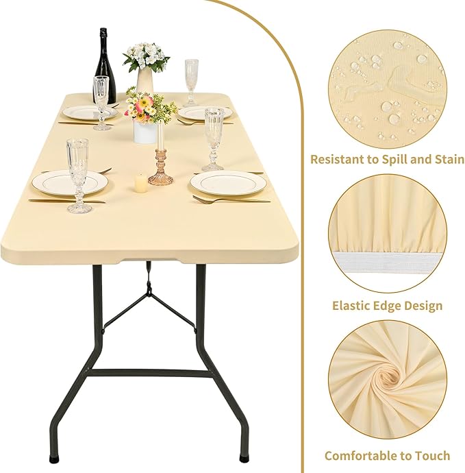 10 Pack Fitted Tablecloth for 8 Foot Rectangle Tables, Beige Elastic Outdoor Picnic Table Cover, Washable Stretch Folding Table Cloths 8 ft for Camping Party Patio Kitchen Banquet, 30" W x 96" L