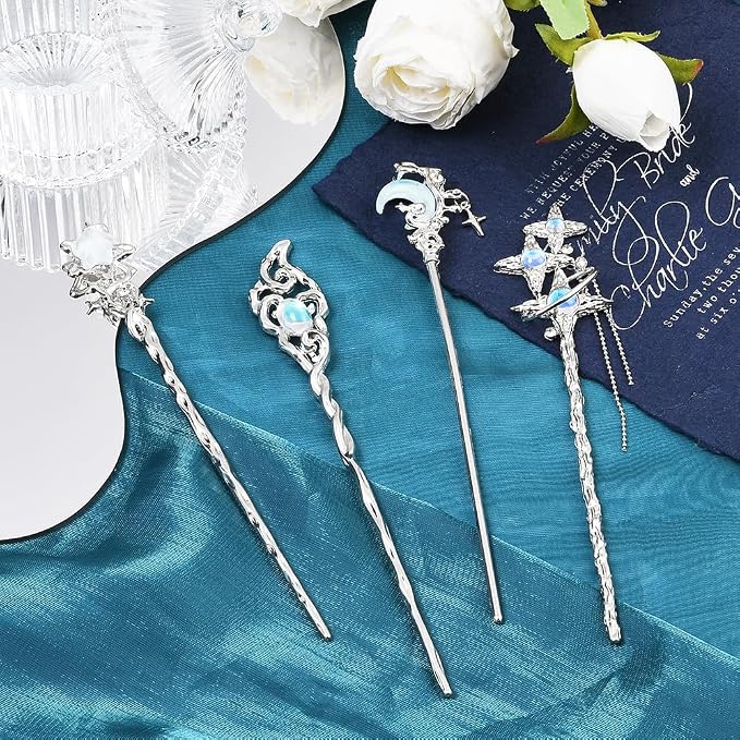 SUNNYCLUE 1 Box 4Pcs 4 Styles Moon Hair Pin Stick Chinese Hanfu Hair Sticks Silver Star Butterfly Heart Alloy Resin Asian Vintage Metal Tibetan Chopsticks for Chinese Hanfu Long Hairstyles DIY Decor