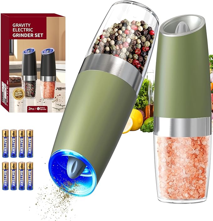 CIRCLE JOY Gravity Electric Salt and Pepper Grinder Set Automatic Salt and Pepper Grinder Set with LED Light, Battery Operated, Adjustable Coarseness, Large Capacity, for Home Kitchen BBQ, Green