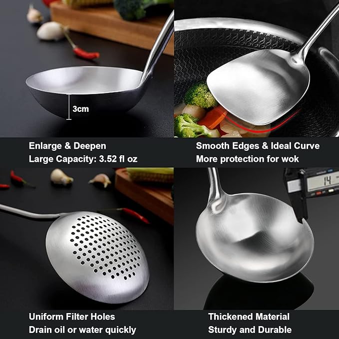 Wok Utensils for Carbon Steel, Stainless Steel Wok Spatula, Wok Tools Professional Set, 3-Pieces Food-Grade 304 Stainless Steel Cooking Utensils All Metal, Dishwasher Safe