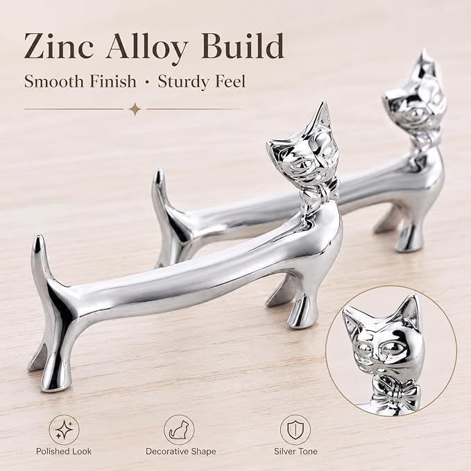 ChezMax Pack of 5 Zinc Alloy Chopsticks Spoon Forks Knives Tableware Rest Set, Silver Bow Tie Cat