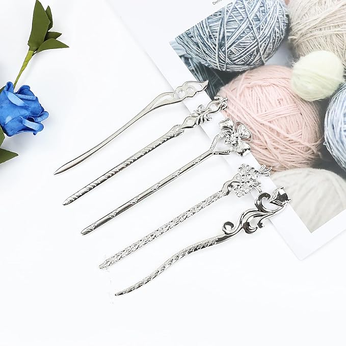 Lawie 14 Pack Vintage Retro Ancient Chinese Japanese Silver Metal Hair Sticks Pins Picks Long Straight Carved Horn Fork Pen Hairpins Chopstick Clip Barrettes Decorative Bun Hair Accessories for Women
