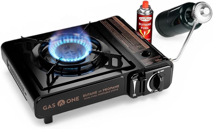 GasOne 10,000 BTU Dual Fuel Camp Stove – Butane and Propane Burner Portable Stove Camping Grill with Adjustable Heat Dial, Carry Case, Automatic Electric Ignition – Safe and Durable Construction