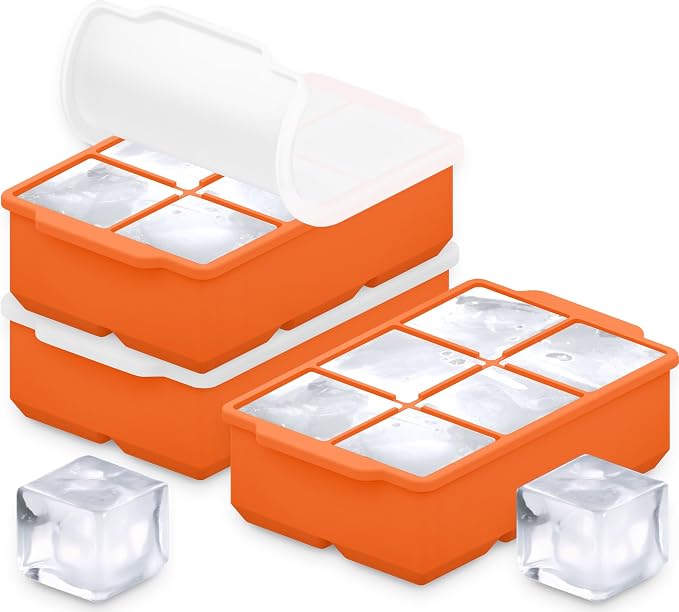 KitchFort® Large Silicone Ice Cube Tray (3-Pack), Easy Release 2" Big Ice Cubes - Cocktail, Whiskey Ice Cubes Mold - Ice Trays for Freezer with Lid - Stackable Silicone Ice Tray - Orange
