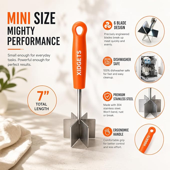 Mini Stainless Steel Meat Chopper & Masher, Dishwasher Safe