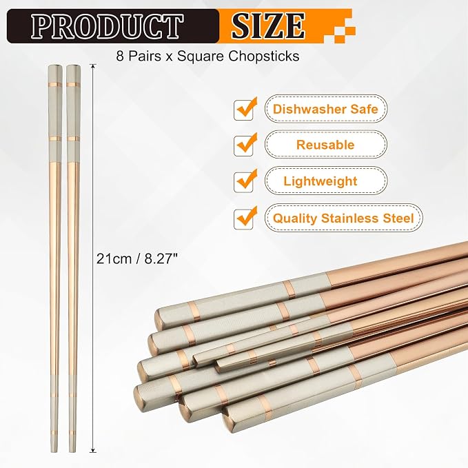 uxcell 8 Pairs Stainless Steel Chopsticks, 21cm / 8.27 Inch Metal Chop Sticks Square Lightweight Chopsticks Tableware Accessories Bulk for Home Kitchen Hot Pot Cooking, Rose Gold