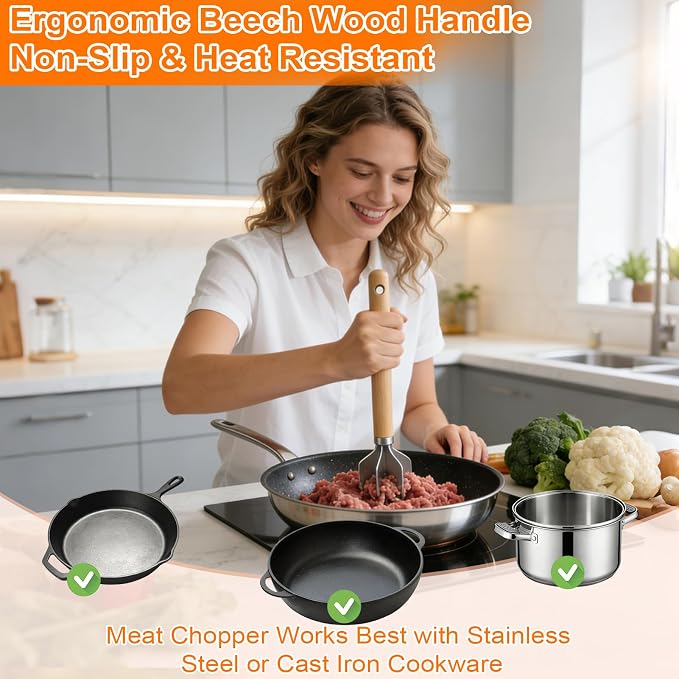 Palksky Ground Beef Masher, Stainless Steel Hamburger Smasher Tool with Wooden Handle, 6-Blade Heavy-Duty Kitchen Tool for Beef, Turkey, Potatoes & More