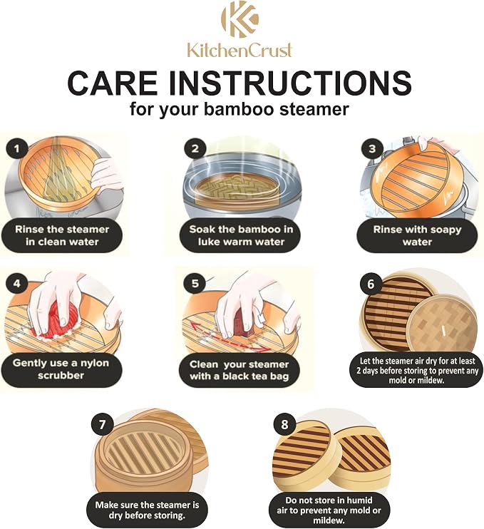 KITCHENCRUST Bamboo Steamer Basket for Chinese Asian Cuisine - 2 Tier 10-Inch Steaming Basket Bun Vegetable Bao Buns, Sauce Dish, Chopsticks, Reusable Liners