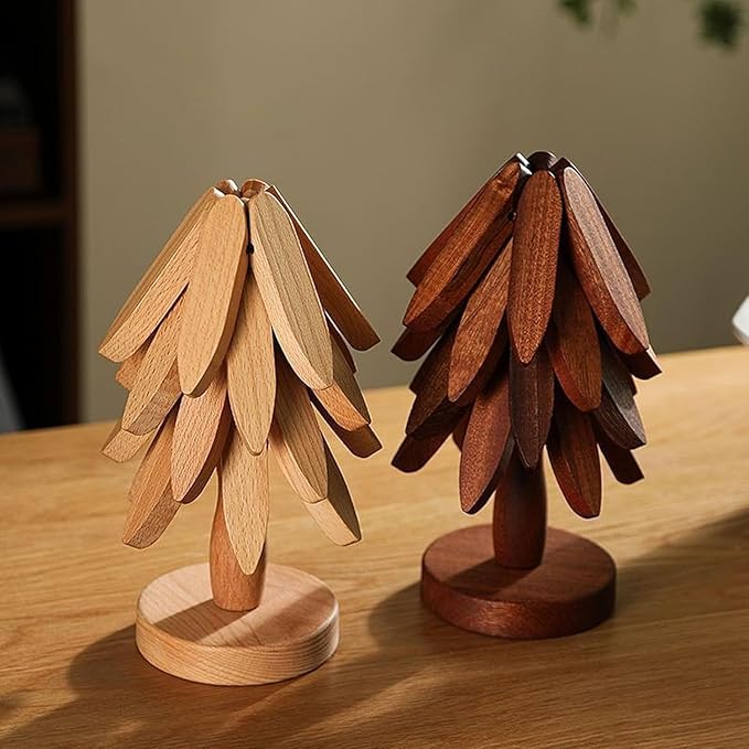 Natural Wood Tree Trivet Set, 𝐍atural Tree Trivet Set - 4 Wooden Trivets,4 Wooden 𝐓rivets & 1 Stand Like a Christmas Trees,for Hot Dish,Pot,Bowl,Teapot,Hot Pot Sets (Walnut Finish 4 Trivets,2set)