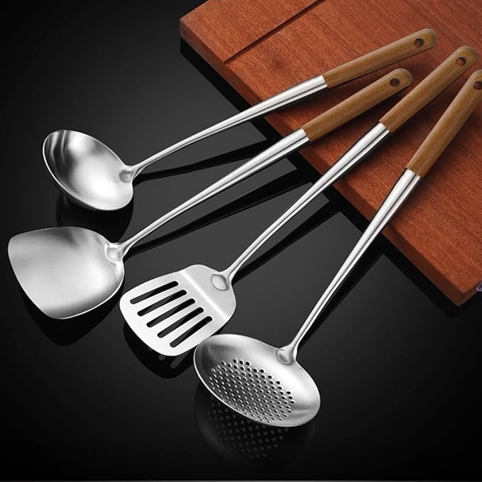 Wok Utensils for Carbon Steel, Stainless Steel Wok Spatula 17 Inch | Extra long wooden handle-Anti-scald;Wok Tools Professional Set;Great for home use and commercial use;