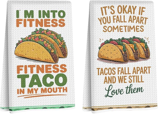 2PCS Taco Decorative Dish Towels, Funny Kitchen Accessories, Cinco De Mayo Decor, Tacos Waffle Weave Kitchen Decorative Tea Towels Taco Tuesday Gift for Housewarming Gift Tacos Lover Accessories
