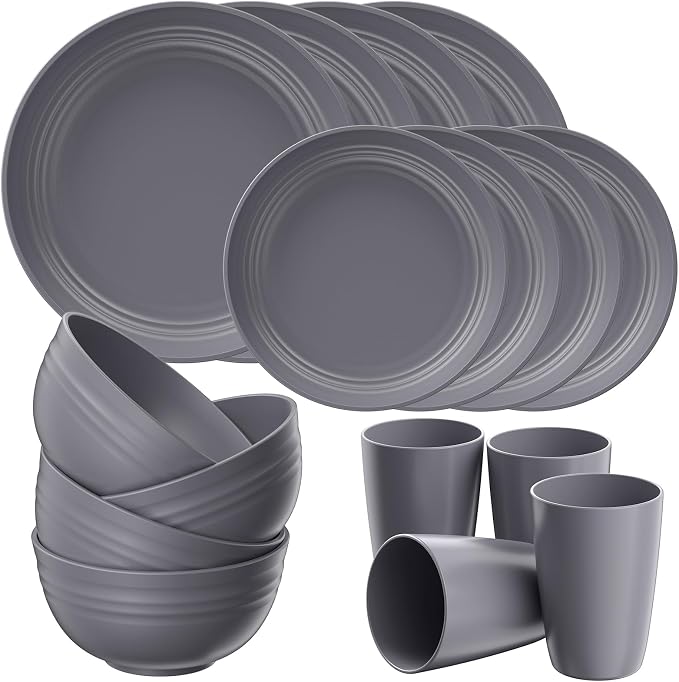 Quatish 16 Piece Plates and Bowls Sets for 4, Unbreakable Dinnerware Sets, Plastic Dish Set for Camping, Dishwasher Microwave Safe, Outdoor Kitchen and Apartment Dorm Dinning RV Essentials, Grey