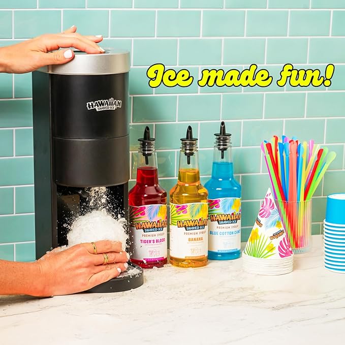 Hawaiian Shaved Ice S777 Snow Cone and Shaved Ice Machine with Blade Adjustment Knob and 5 Reusable Plastic Ice Mold Cups. Great for Granitas, Seltzers, Italian Soda and More 120V, Matte Black | Blade Adjustment Knob, 5 Reusable Plastic Ice Cups with Lids