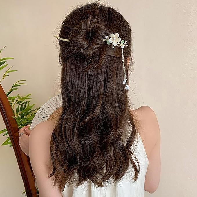 2Packs Lily of the Valley Chinese Hair Sticks for Buns, Pearl Flower Vintage Metal Hair Chopsticks for Women and Girls Dangle Tassel Pendant Hair Accessories Hanfu Handmade Decor Hairpin (white)