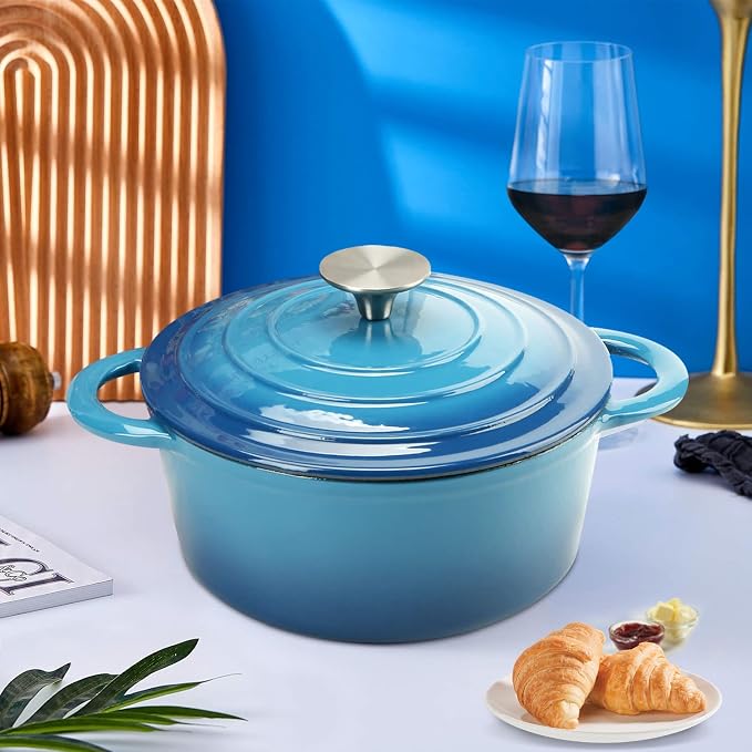 5 QT Enameled Cast Iron Dutch Oven with Self-Basting Lid, Heavy Duty Enamel Coated Soup Pot for Slow Cooking, Stews, Roasts & Bread Baking, Moisture Retention Cooking Pot, Oven Safe to 500°F