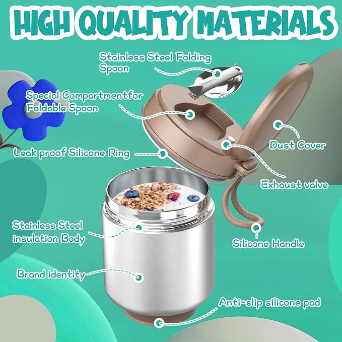 Thermo for Hot Food Kids - 15.2oz with Folding Spoon and Silicone handle | Leak Proof Insulated Food Jar, Soup Thermo, Wide Mouth Insulated Lunch Containers, Dishwasher Safety