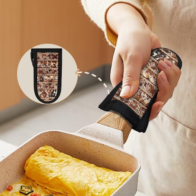 Coldinair 2 Pieces Hot Handle Covers Brown Cow Aztec Pot Sleeve Grip Sleeves Heat Resistant Cast Iron Skillet Handle Covers for Women Men Non-Slip Handle Mitts for Kitchen Baking Cooking BBQ Cookwares