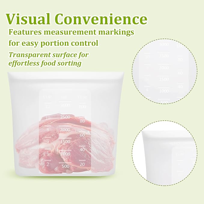 ASelected 4PCS Silicone Bags for Food Storage, 0.8 Gallon/3000ml Stand Up Reusable Freezer Ziploc Bags, Translucent Reusable Sandwich Snack Bag for Freezer, Microwave, Oven, Dishwasher