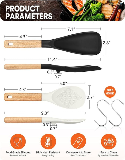 Cooking Spoon and Rice Scooper for Nonstick Cookwares, Great for Cooking and Serving Sturdy BPA-Free Matte Silicone, Wood Handle Spoon for Mixing, Scoop, and Scrape (Black Spoon & White Scooper）