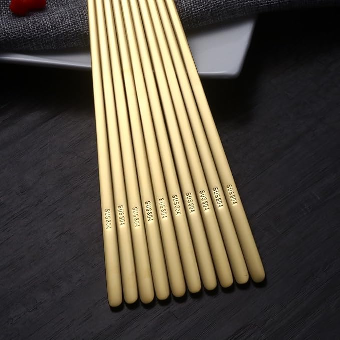Buyer Star 5 Pairs Gold Flat Chopsticks - Reusable Metal Stainless Steel Chinese Chopsticks Set with Case