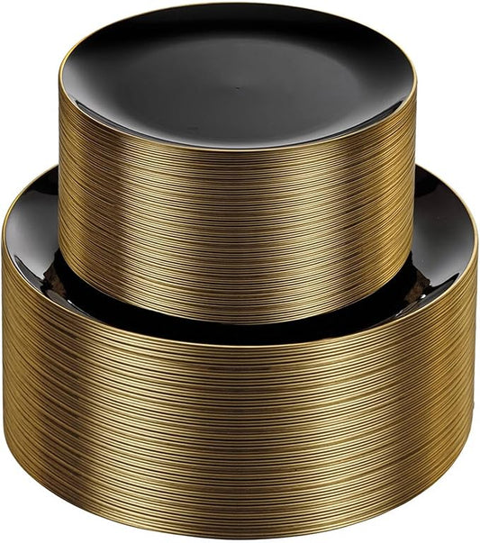 KIRE 100PCS Black and Gold Plates - Black Plastic Plates Disposable with Gold Rim for Halloween Party/Wedding/Birthday Include 50Pcs 10.25inch for Dinner and 50Pcs 7.5inch for Dessert/Salad