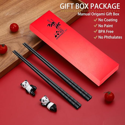 Panda Chopsticks With Rest Gift Set, 2PC Black | Dishwasher Safe, Reusable Fiber Glass Chopsticks, Porcelain Cute Panda Chopstick Holder, Non-slip, Chinese Japanese Style