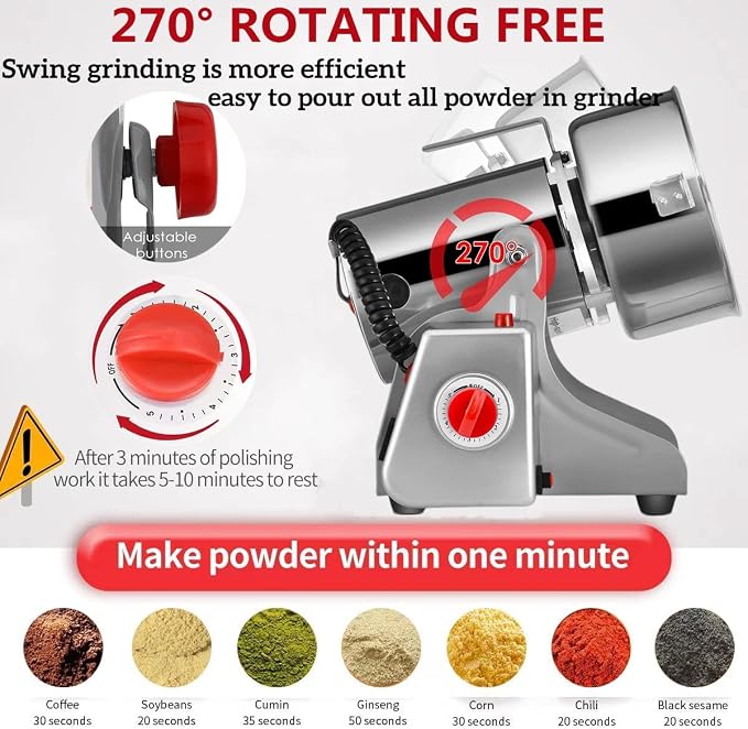 2000g Electric Grain Grinder Spice Grain Mill Stainless Steel 30s 28000RPM High Speedy Grinding with Overload Protection& 5min Timer Mill for Dry Spice Herbs/Nut/Coffee/Rice