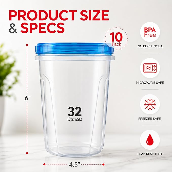Tafura Freezer Storage Containers, 10 Pack, 32 Oz Leakproof BPA-Free Lids | Twist-top screw-on closures help prevent spills during storage, transport, and meal prep.