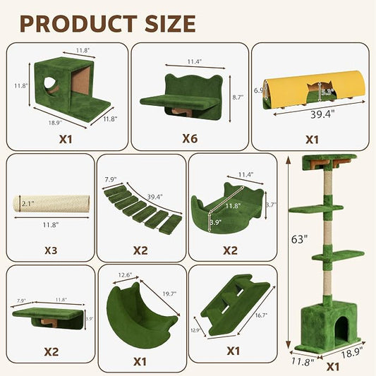 26-in-1 Cat Wall Shelves with Cat Tree, 40''L Tunnel, Moon, Green | Wall Mounted Cats Furniture Set with Plush Fabric, Cat Climbing Systems for 16 Inch Drywall, with Scratching Posts, Bridge