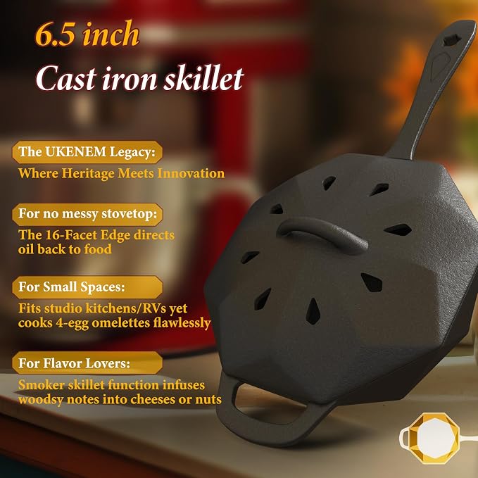 Cast Iron Skillet with Lid,Pre-seasone Mini Cast Iron Smoker Skillets & Egg Pan with Assist Handle, 6.5 Inch Octagonal Design Frying Pan for Searing, Baking, Grilling, Roasting (Skillet-1)