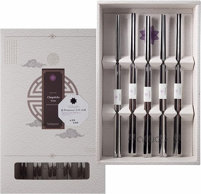 Chopsticks [Made in Korea][5 Sets] 430 Premium Stainless Steel Chopsticks, Mukbang Kitchen Utensil, Cutlery Silverware Stainless Tableware (Whale)