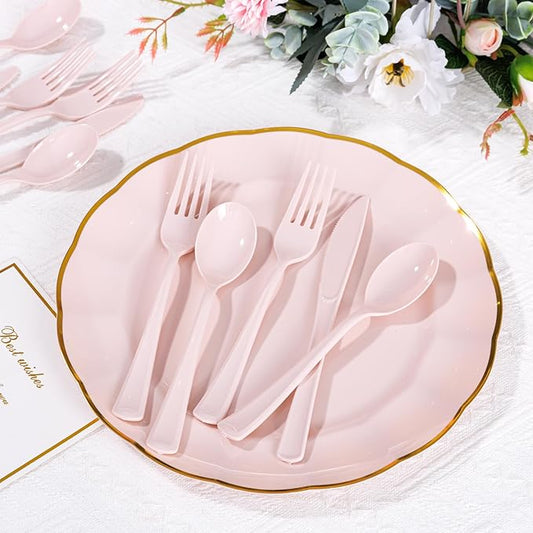 Supernal 300 Pieces Pink Plastic Silverware Heavy Duty Disposable Silverware Pink Utensils Disposable Cutlery Set 100 Forks 100 Knives 100 Spoons for Wedding Party Supplies Everyday Use