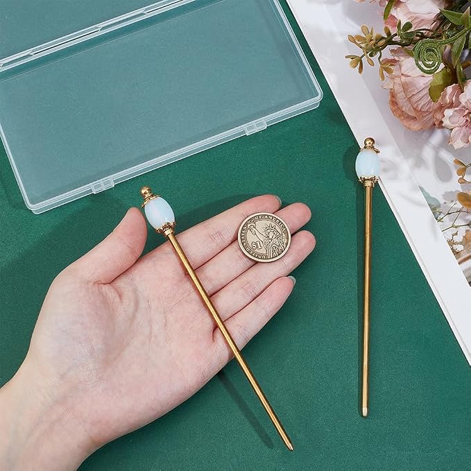 PH PandaHall 2PCS White Opalite Hair Sticks 5.9inch Oval Gemstone Hairpins Golden Chinese Hair Chopsticks Vintage Metal Hairpins for Valentine's Day Mother's Day Women Long Hairs Ornament