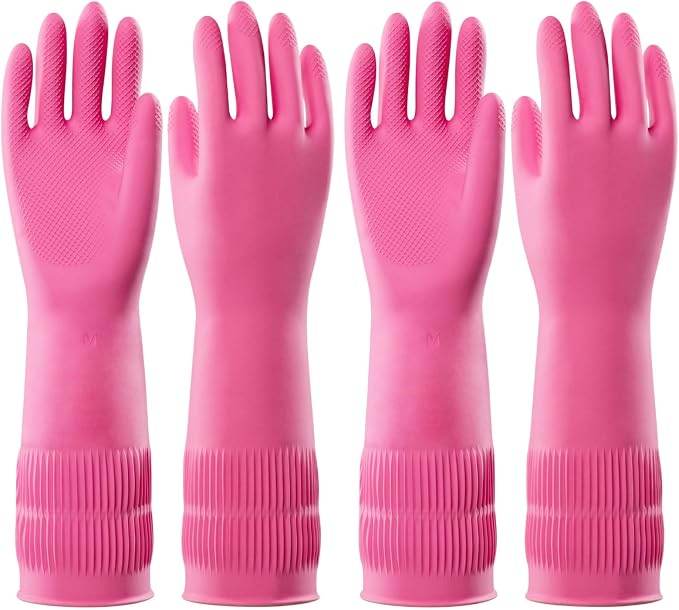 PACIFIC PPE 2 Pairs Reusable Rubber Gloves for Washing Dishes and Cleaning Tasks, Water Resistant Household Gloves for Kitchen Bathroom, Grippy Latex Dish Washing, Pink, Meidum