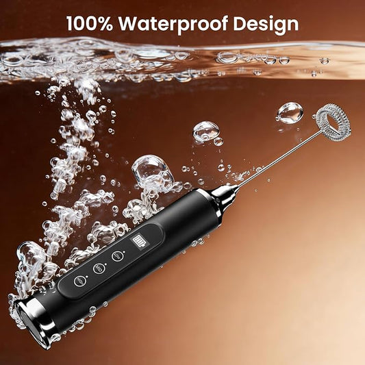 YUSWKO Black Milk Frother Wand for Coffee with Stand, Handheld Coffee Frother, Rechargeable Drink Mixer, Waterproof Electric Whisk