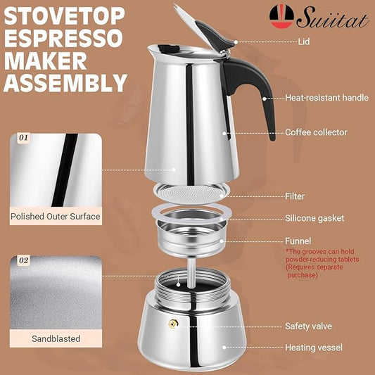 Moka Pot, 6 Cups (10.6 oz) Stovetop Espresso Maker, 304 Stainless Steel Moka Pot, Induction Compatible, Silver