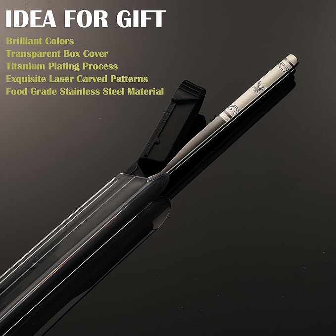 Portable Chopsticks, 2PC Black Eagle,18/8 Stainless Steel | Pull Design Case, Titanium Plated, Reusable, Dishwasher Safe